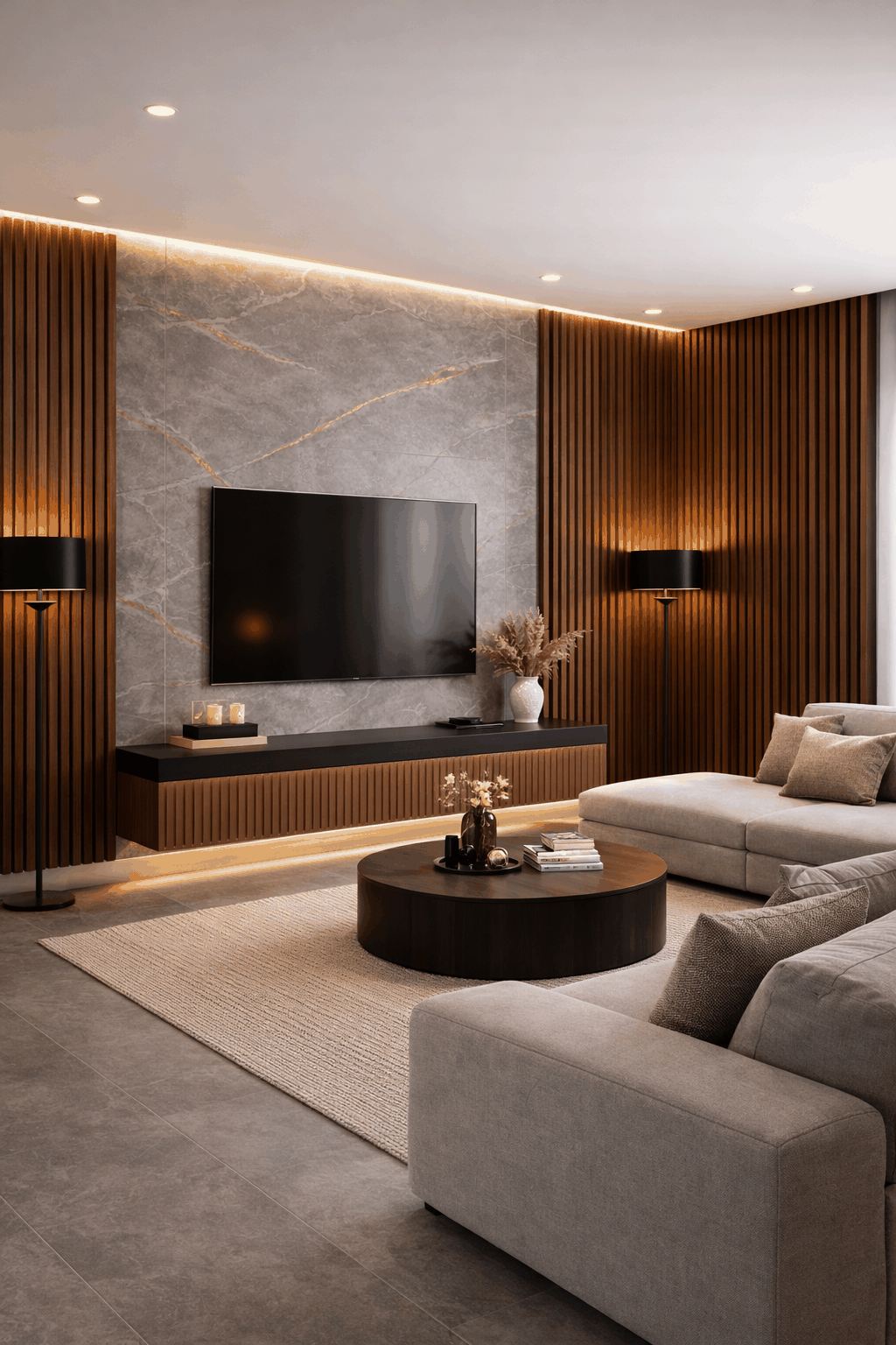 Pared decorada con paneles PVC mármol y panel 3D — salón moderno BRICODY