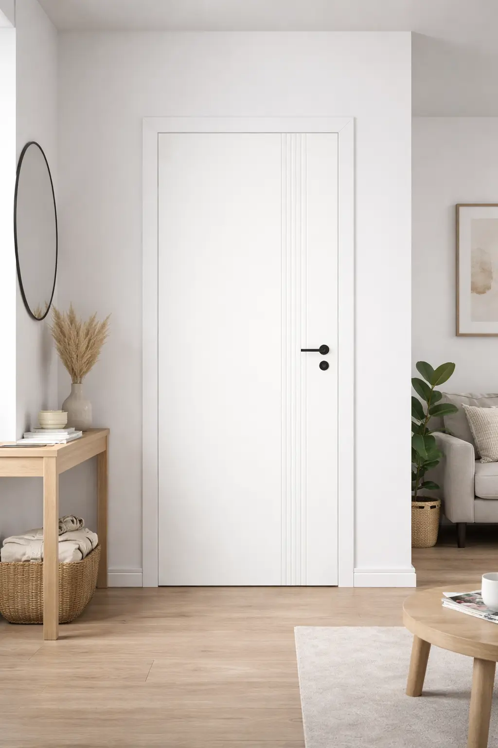 Puerta interior blanca moderna con diseño minimalista y manilla negra
