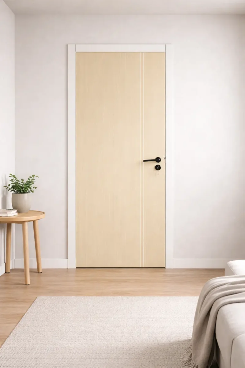 puerta interior moderna madera clara con marco blanco