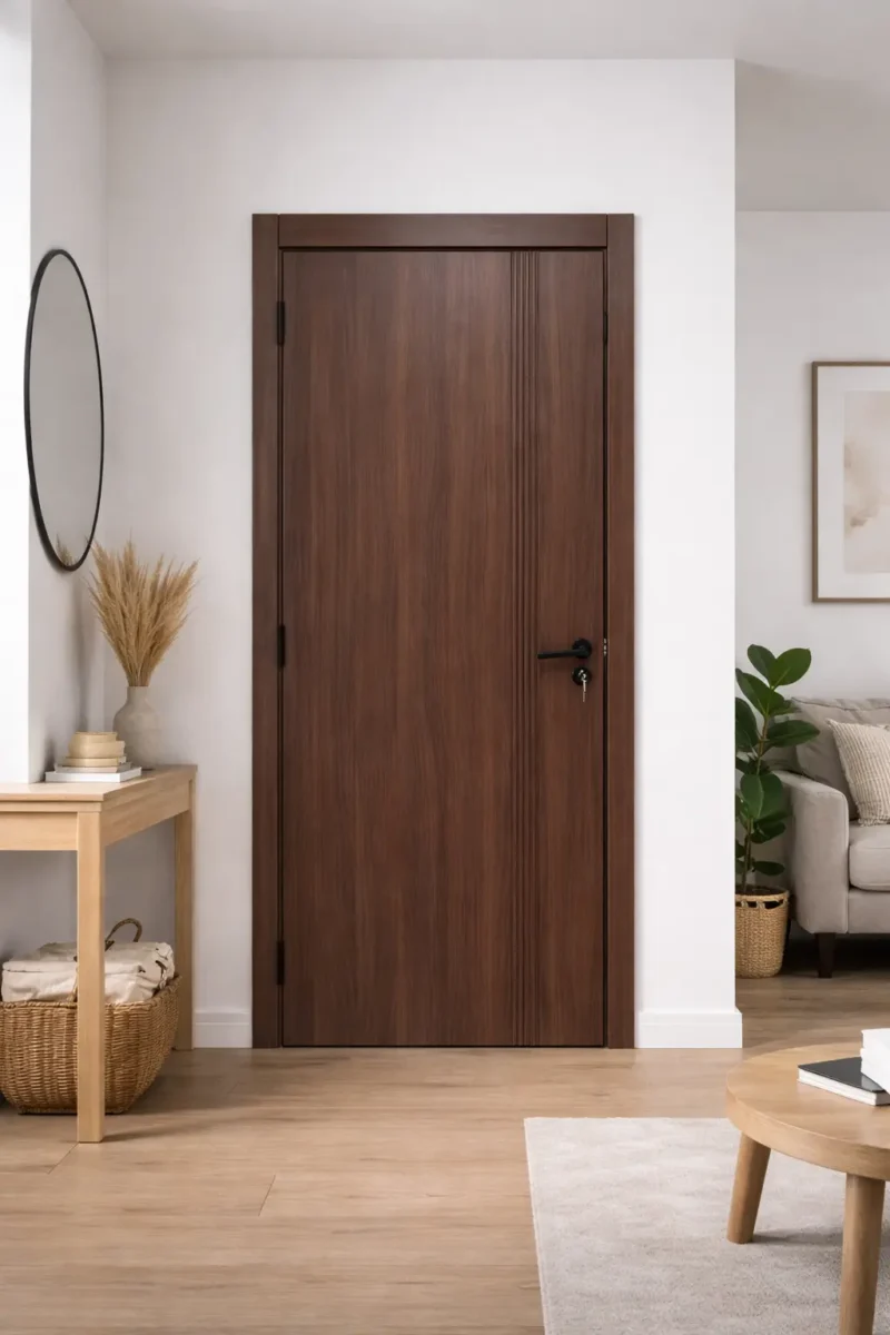 Puerta interior de madera oscura moderna con diseño minimalista