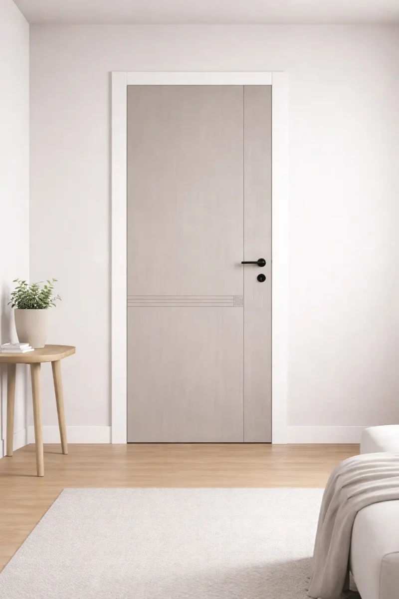 Puerta interior de madera clara moderna y minimalista con manilla negra para casa