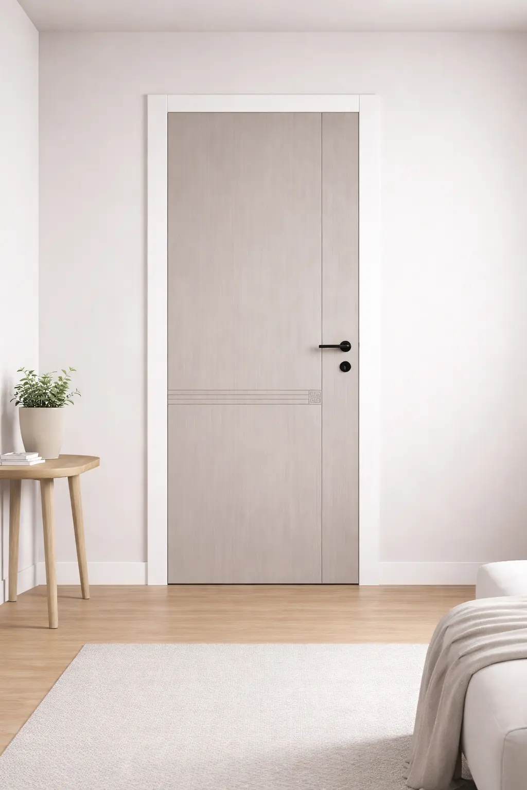 Puerta interior de madera clara moderna y minimalista con manilla negra para casa