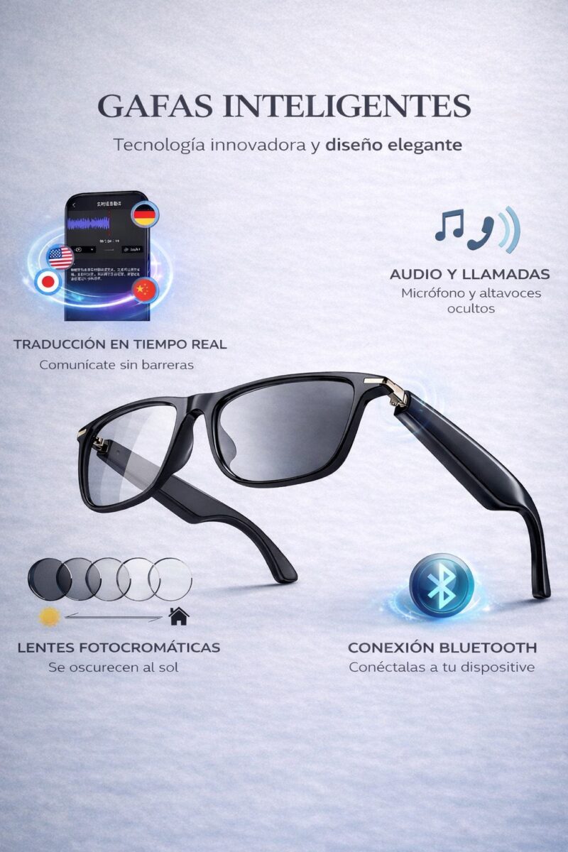 Gafas inteligentes con inteligencia artificial, traducción a tiempo real y cámara integrada
