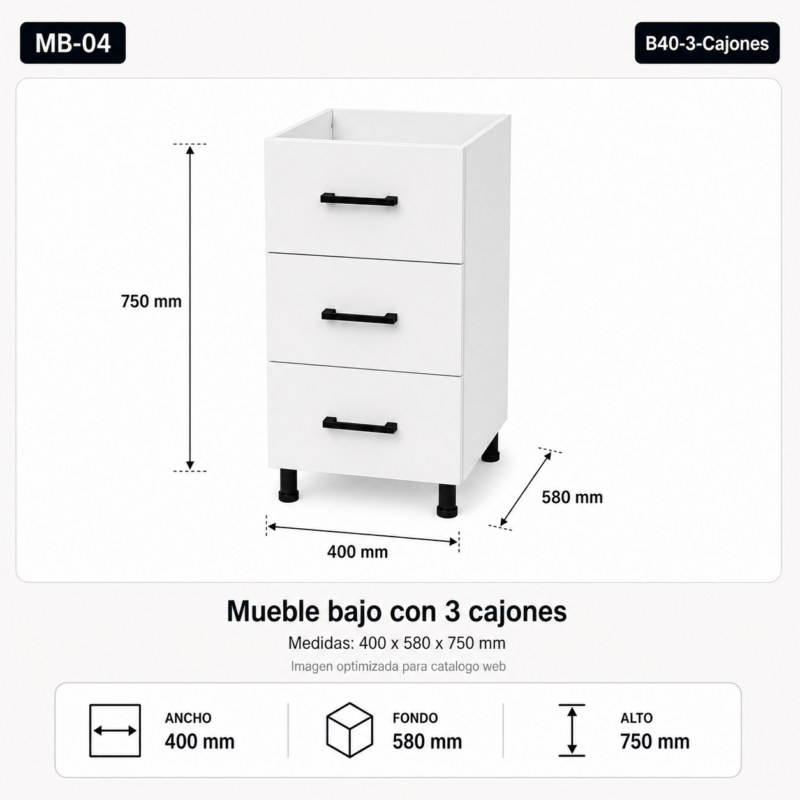 Mueble bajo con 3 cajones 40 cm