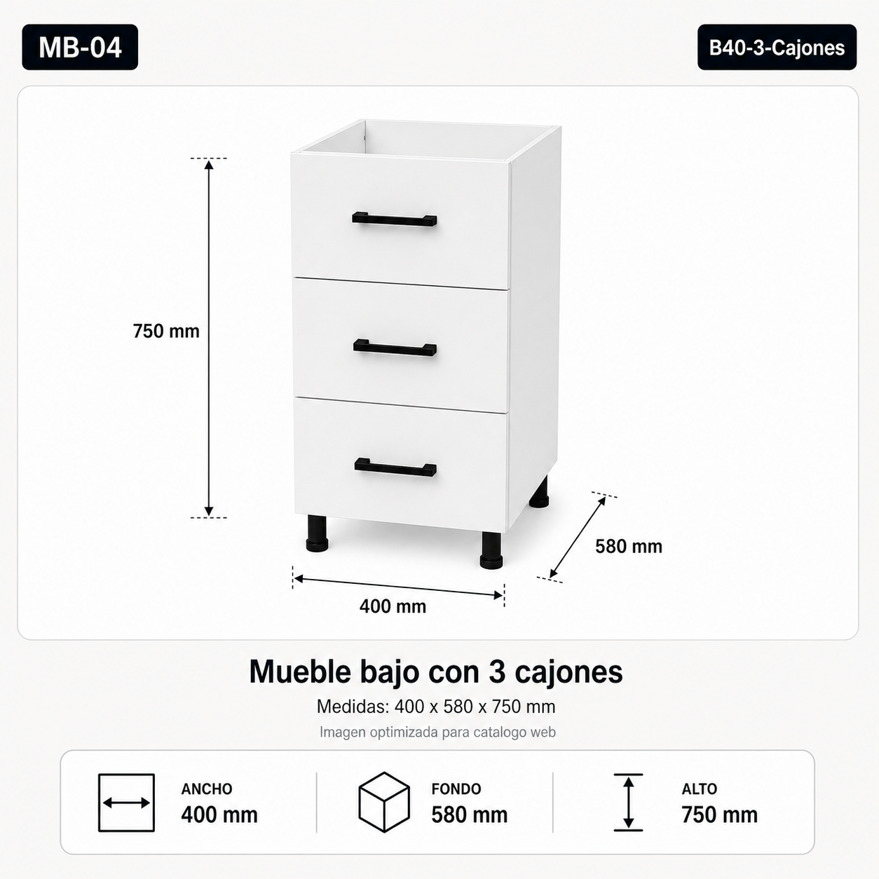 Mueble bajo con 3 cajones 40 cm